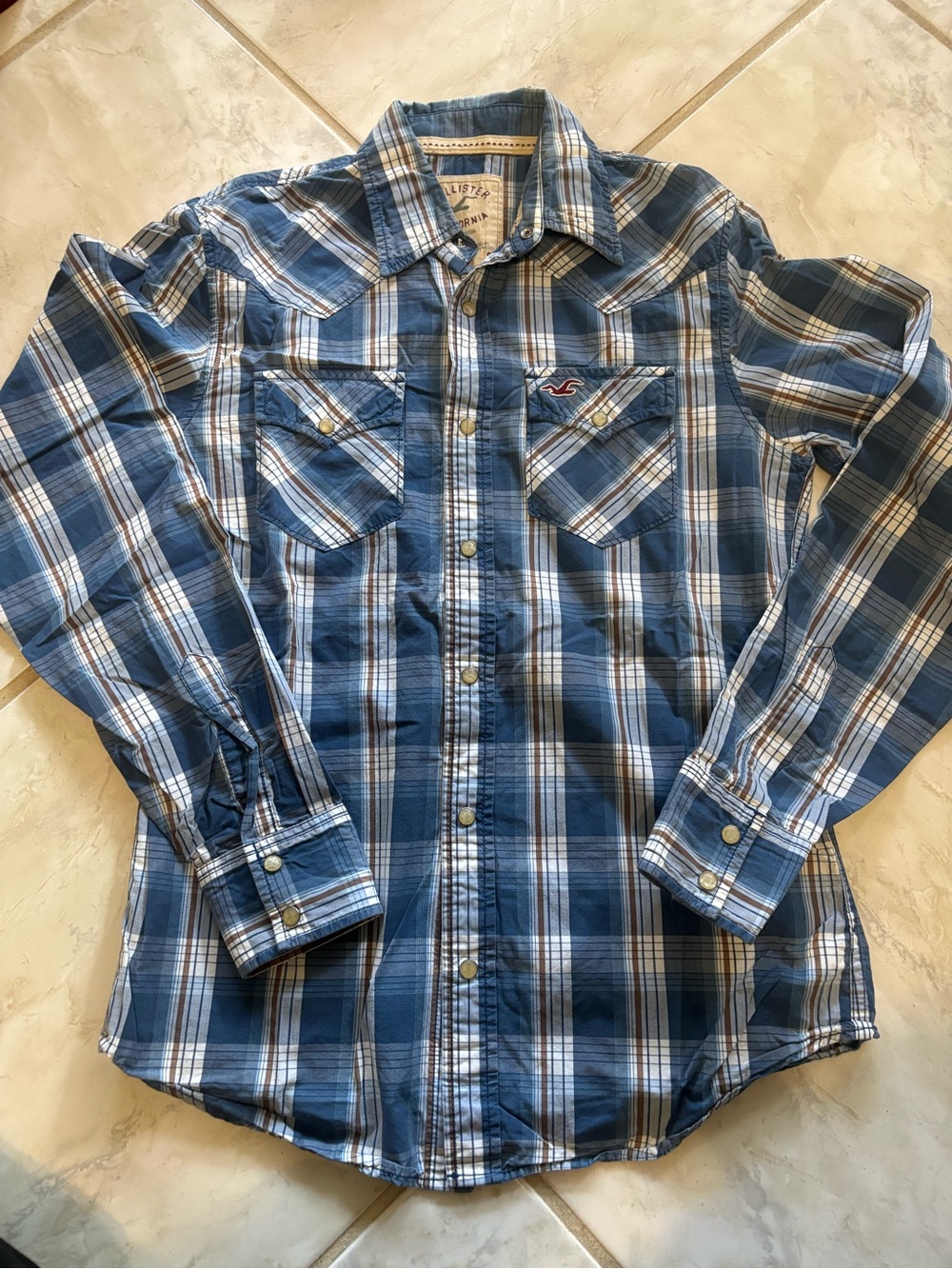 Hollister Men's Navy and White Plaid Button-Down Shirt